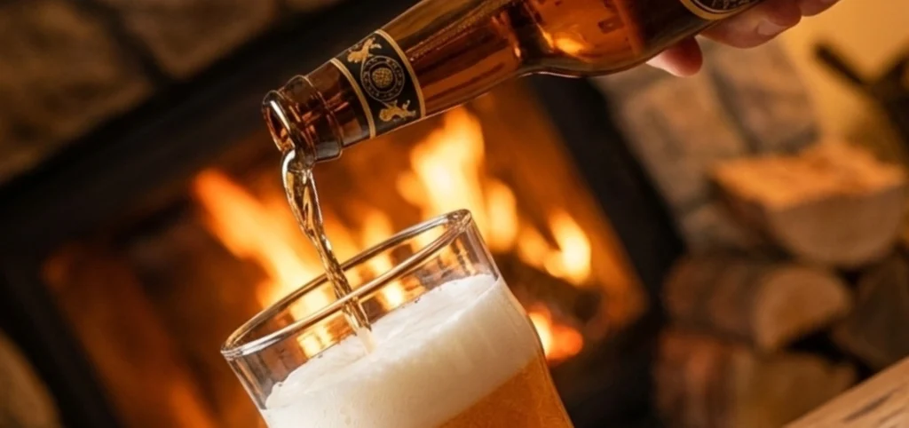 Lokah Extra Strong Indian Lager being poured into a glass, showing a deep golden colour and creamy foam with a warm fireplace